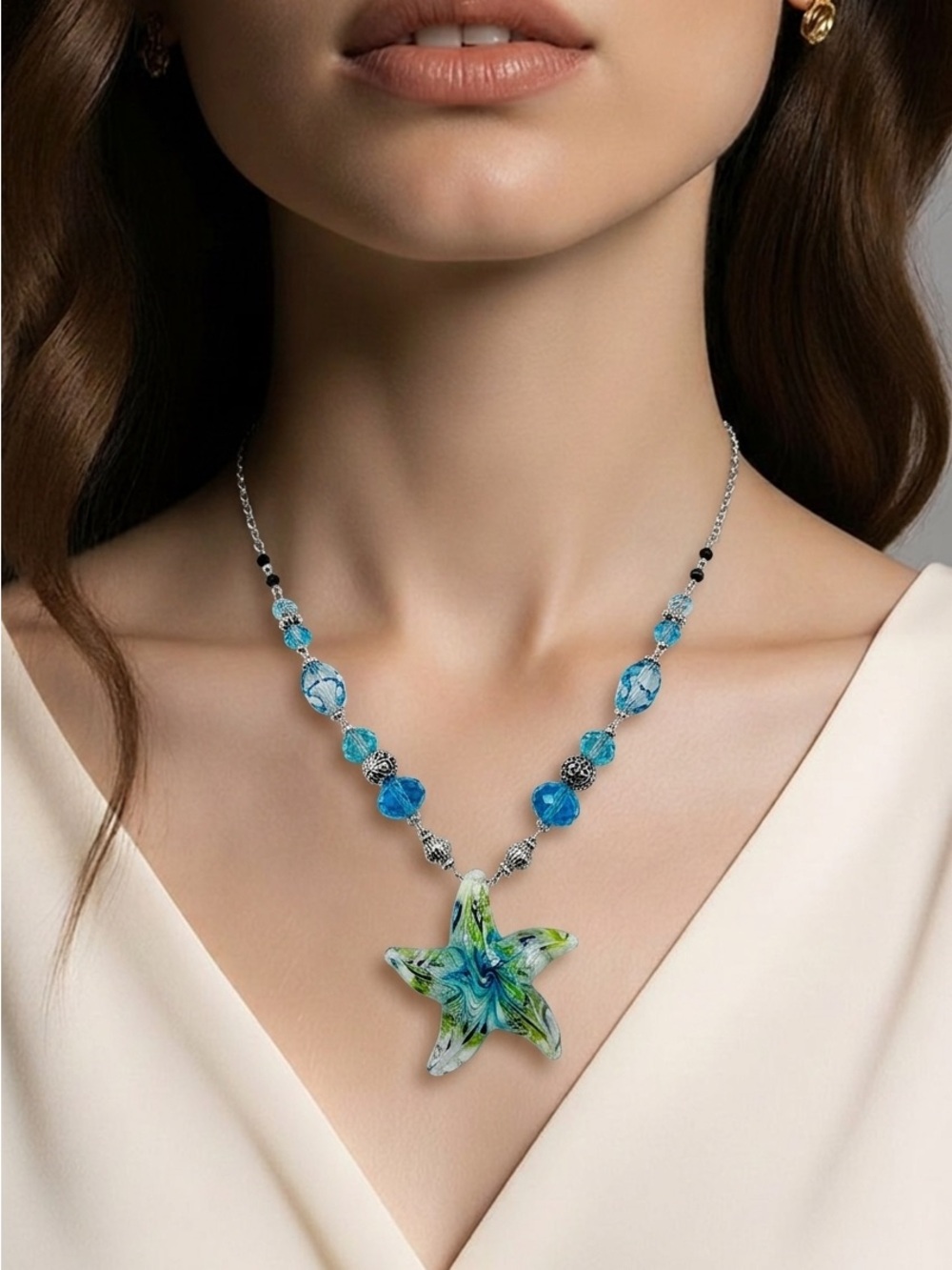 Handmade Blue Lampwork Blown Glass Starfish Coastal Nautical Themed 18” Necklace